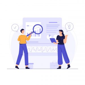 Company employees use web search to find ideas for doing business for the company. vector illustration flat design